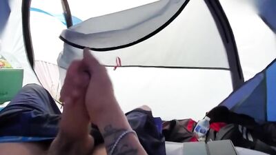 johnholmesjunior shooting huge cum load with open tent door slow motion