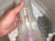 Fucking my wall mounted Clear Fleshlight in the Public Shower, double barrel fucked with a BBC Dildo