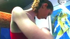 Brunette Spreads Hairy Pussy with Glass Toy