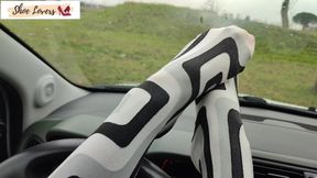 Lady S driving bored in boots and pantyhose 1080