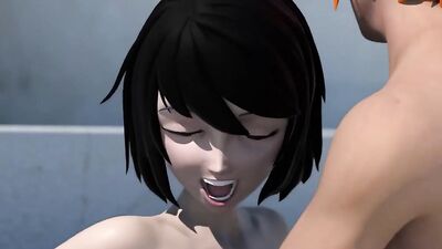 Interracial cartoon porn: a charming brunette gets licked and fucked in a public place