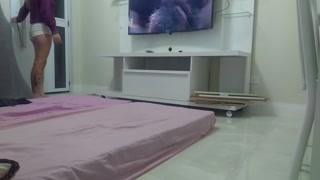 Teasing the pizza delivery guy cuckold exhibitionism in the bathroom