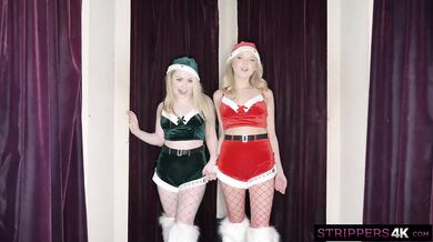 Blonde strippers tag team lonely cock on Christmas facial creampie