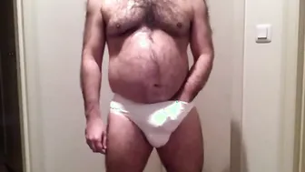 Daddy bear strips and strokes his thick cock in solo amateur session