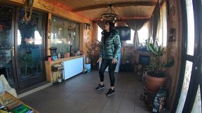 sexy cameltoe dance in tight jumpsuit and shiny green jacket