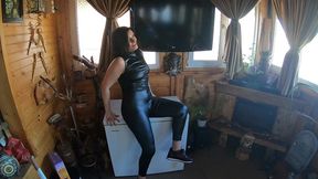 sexy cameltoe dance in tight jumpsuit and shiny green jacket