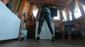 sexy cameltoe dance in tight jumpsuit and shiny green jacket