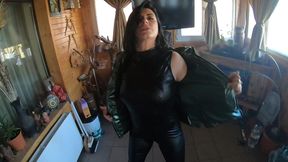 sexy cameltoe dance in tight jumpsuit and shiny green jacket