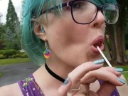 Seattle Ganja Goddess the Queen of Pussy Pops sucking lollipops: Cemetery Halloween licking candy