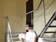 Risky jerk off on the stairs. Neighbors ride the elevator