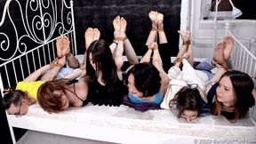 Six barefoot girls of completely different ages tied together with duct tape on the bed in different poses (Part 4 of 4) #20220306
