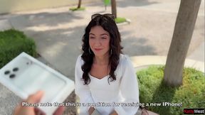 Public Cumwalk: Pretty brunette rides and sucks cock for new iPhone