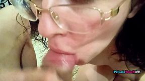 russian nerdy girl with curly hair sucks cock like a bitch and gets it in her mouth