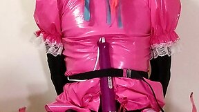 Chastity crossdresser maid strapped to fucking machine chair fed own cum