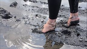 Kat Goes For a Wet and Muddy Walk in her Sexy Open Side Ankle Tie Heels