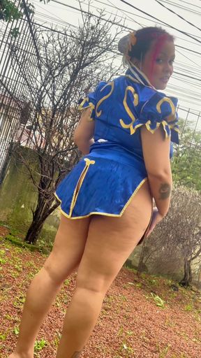 BBW Chun-li Cosplay Exhibitionism in the Garden