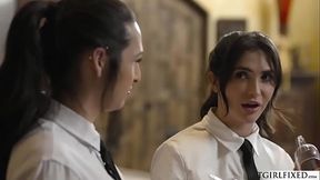 Busty ts and teen fucks behind counter