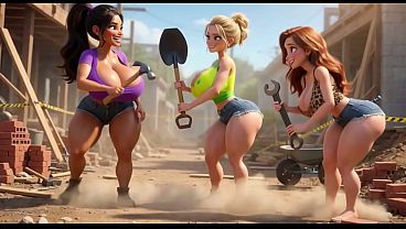 Three hot voluptuous lesbian construction babes share steamy threesome after long hard work day (AI generated)