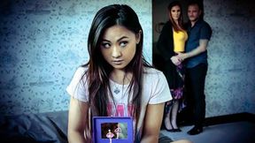 Petite brunette Asian babe double-teamed by two hard cocks