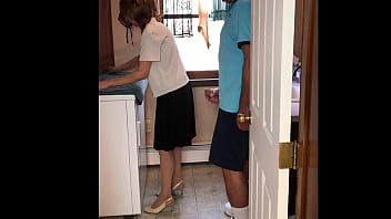Mature MILF rides neighbor boy's big cock in the laundry room