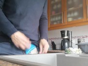 Jerkoff quicky with cumshot into the kitchen sink