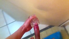 Twink shaved cock wrecked by lubed fleshlight deep throat cumshot on bathroom door
