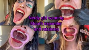 Nerdy girl wearing mouth expander and retainers