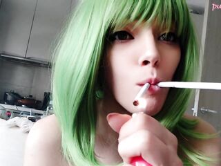 Cute Green Hair Egirl smokin' two cigarettes at the same time (ask me for full vid)