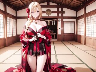 Intimate Shrine Meeting, Idle Seduction on Tatami, Revealing Full Bust Below the Open-shoulder Red Costume.