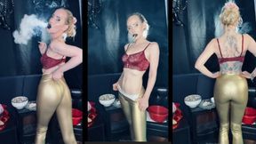 Smoking an Eve 120 in Gold leggings and bra