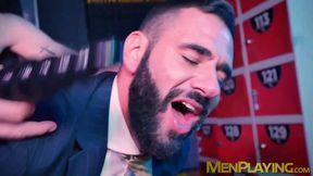 Wild spitting and cock riding by suited Excelsior and horny Apolo Adri