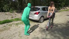 Suited slave gets punished outdoor from femdom chick