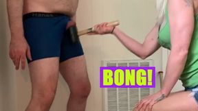 BALLBUSTING with a hammer and baseball bat! I clang his cowbells hard!