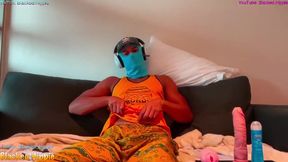 Athletic twink chokes on his own fleshlight while playing with a massive BBC dildo