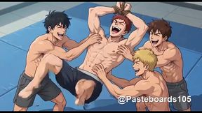 Strung Up By The Wrists - Bare Hands On A Bound Muscle Jock's Armpits And Ribs (2D Anime Bara)