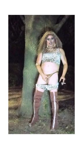 Gorgeous slut mature sissy smoking in thigh high boots make a big cum  in the park