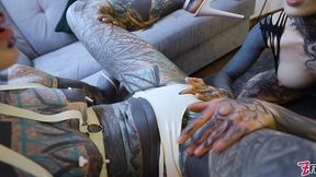 burlesque tattoo beauty with big boobs gives anal fuck with strap-on