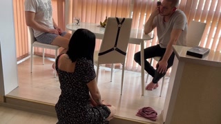 Friends share their wife and take turns fucking her in the anal