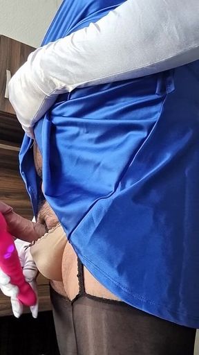 Handsfree Masturbation Until I Ejaculate My Sissy Milk in My Blue Satin Dress and Nylon Lingerie