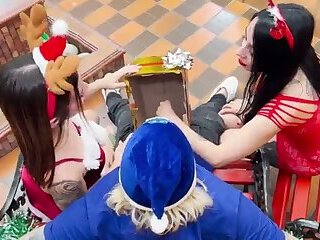 Two dirty bitches receive a dick for Christmas gift