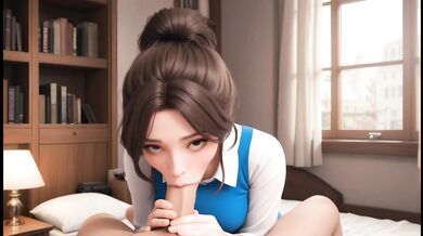Sexy brown hair bun girl deepthroats massive tits in animated hentai POV