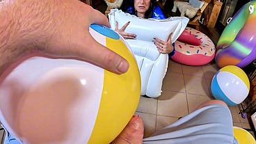 Dominant MILF in Shiny Leather Pants and Glossy Downjacket. Blowjob, Cameltoe, Cum Play and Inflatable Destruction