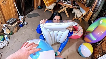 Dominant MILF in Shiny Leather Pants and Glossy Downjacket. Blowjob, Cameltoe, Cum Play and Inflatable Destruction