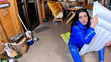 Dominant MILF in Shiny Leather Pants and Glossy Downjacket. Blowjob, Cameltoe, Cum Play and Inflatable Destruction