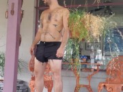 Nudist Hippie gardening and peeing