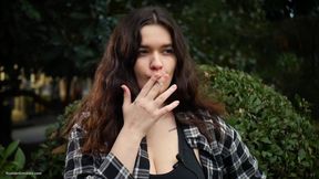 Sweet and Busty Russian Babe Smoking Cigarette in Nature