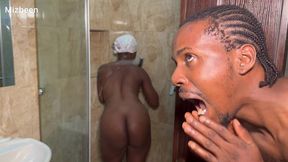 ebony received blow job in the bathroom, as he was caught piping.