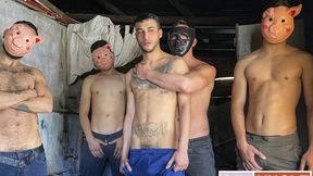 Masked dudes gang-banging a submissive guy