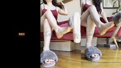 Fluffy slippers and dangling feet driving brunette craze raw