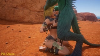 Lizard with two dicks caresses a bespectacled blonde